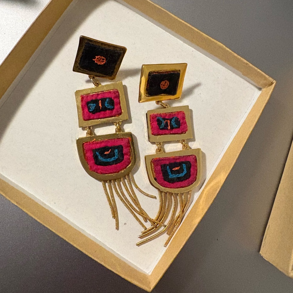 Geometric Gold and Pink Statement Earrings